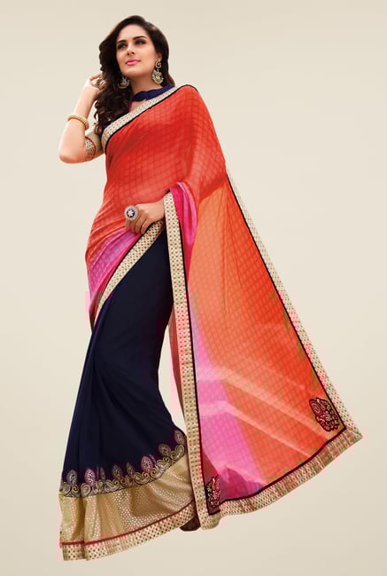 Shonaya Navy & Orange Georgette Embroidered Saree Shonaya Navy & Orange Georgette Embroidered Saree