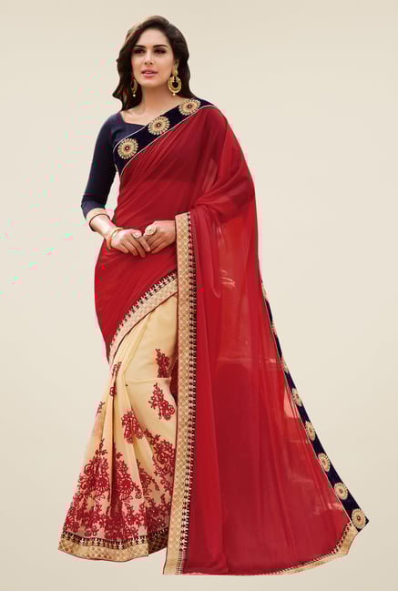 Shonaya Red & Beige Chiffon & Lycra Saree Shonaya Red & Beige Chiffon & Lycra Saree