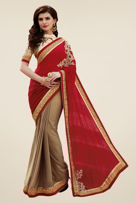 Shonaya Beige & Red Georgette Embroidered Saree Shonaya Beige & Red Georgette Embroidered Saree