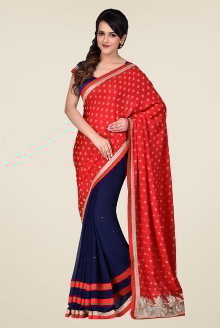 Shonaya Navy & Red Faux Georgette Saree Shonaya Navy & Red Faux Georgette Saree