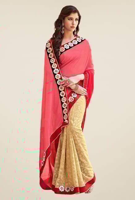 Shonaya Beige & Pink Georgette Printed Saree Shonaya Beige & Pink Georgette Printed Saree