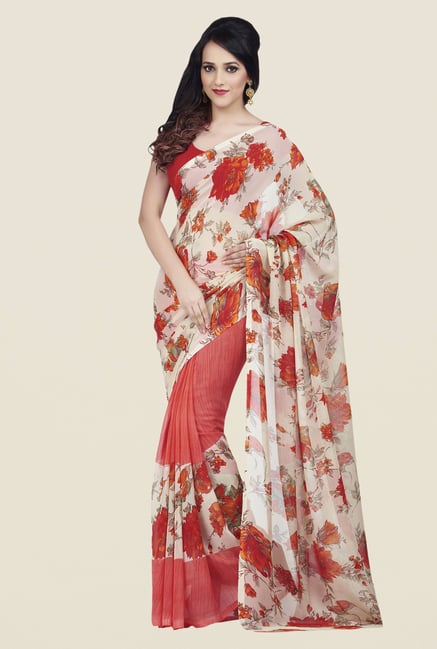 Shonaya Coral & Cream Dani Georgette Saree Shonaya Coral & Cream Dani Georgette Saree