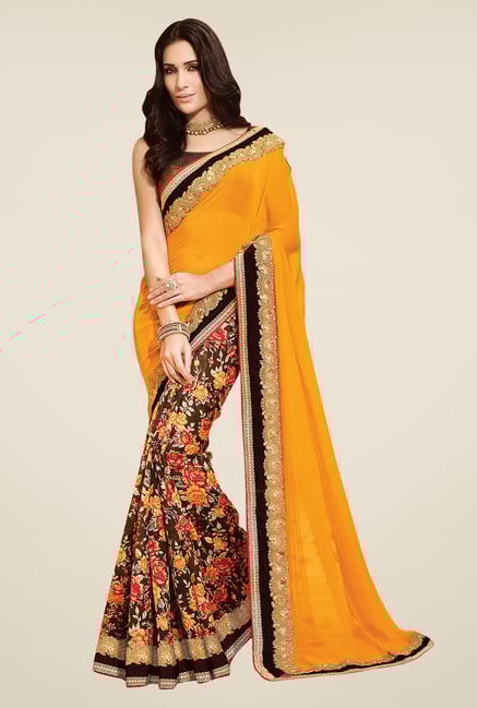 Shonaya Brown & Yellow Bhagalpuri & Chiffon Saree Shonaya Brown & Yellow Bhagalpuri & Chiffon Saree