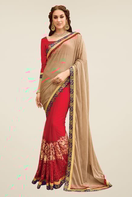 Shonaya Red & Beige Net & Lycra Saree Shonaya Red & Beige Net & Lycra Saree