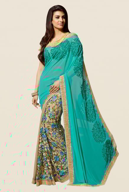 Shonaya Turquoise & Beige Georgette & Jacquard Saree Shonaya Turquoise & Beige Georgette & Jacquard Saree