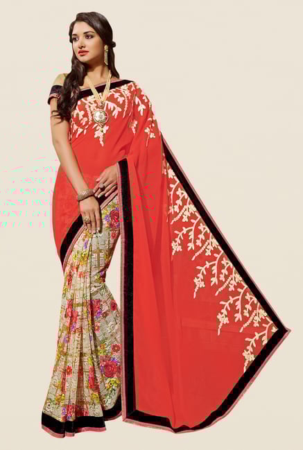 Shonaya Coral & Beige Georgette & Jacquard Saree Shonaya Coral & Beige Georgette & Jacquard Saree