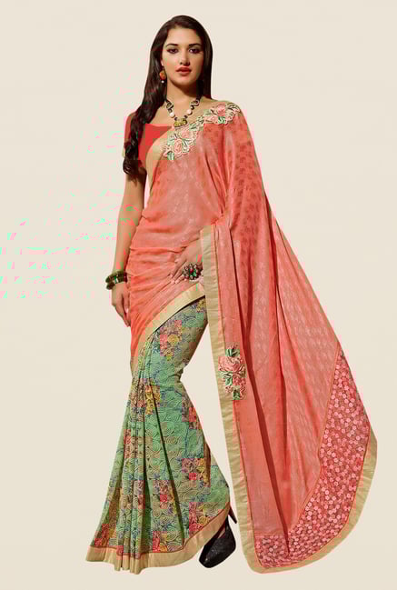 Shonaya Coral & Green Georgette & Jacquard Saree Shonaya Coral & Green Georgette & Jacquard Saree