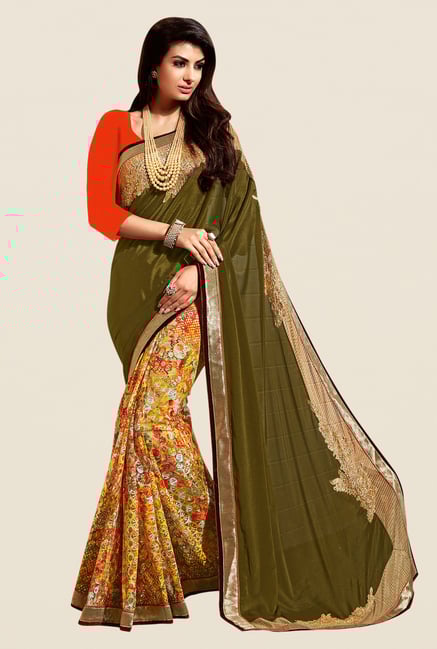 Shonaya Olive & Yellow Georgette & Jacquard Saree Shonaya Olive & Yellow Georgette & Jacquard Saree