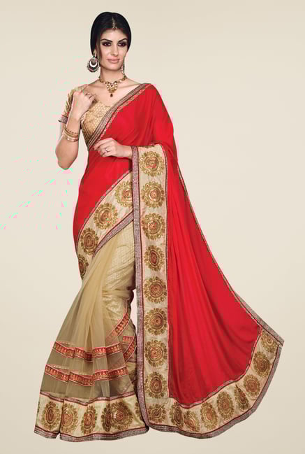 Shonaya Beige & Red Net & Chiffon Saree Shonaya Beige & Red Net & Chiffon Saree