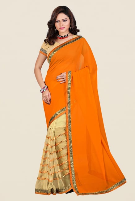 Shonaya Orange & Beige Georgette & Net Solid Saree Shonaya Orange & Beige Georgette & Net Solid Saree