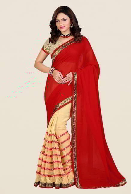 Shonaya Red & Beige Georgette & Net Solid Saree Shonaya Red & Beige Georgette & Net Solid Saree