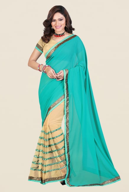 Shonaya Turquoise & Beige Georgette & Net Saree Shonaya Turquoise & Beige Georgette & Net Saree