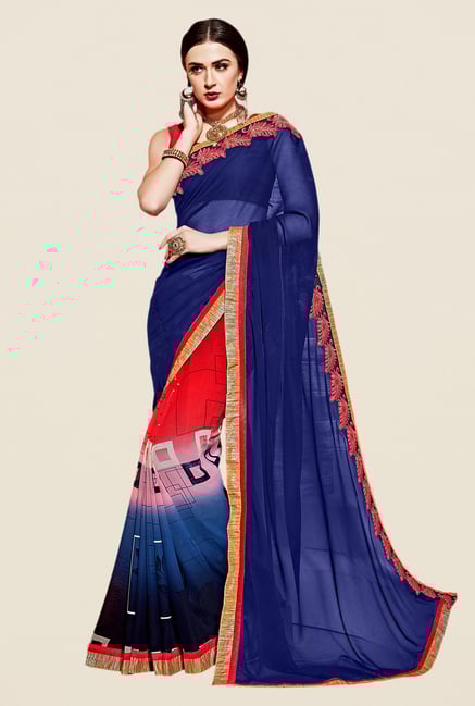 Shonaya Blue & Pink Georgette Printed Saree Shonaya Blue & Pink Georgette Printed Saree
