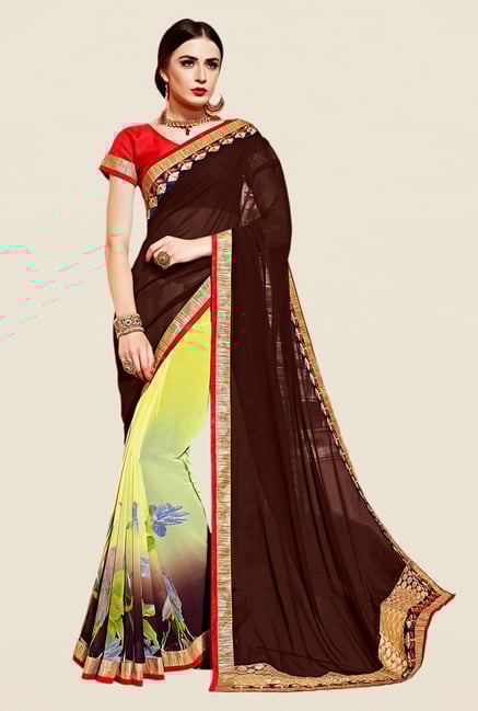 Shonaya Brown & Yellow Georgette & Net Saree Shonaya Brown & Yellow Georgette & Net Saree