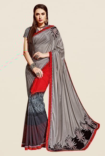 Shonaya Grey & Red Georgette & Lycra Saree Shonaya Grey & Red Georgette & Lycra Saree