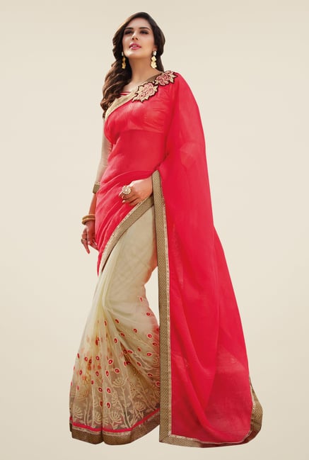 Shonaya Beige & Pink Georgette & Net Saree Shonaya Beige & Pink Georgette & Net Saree