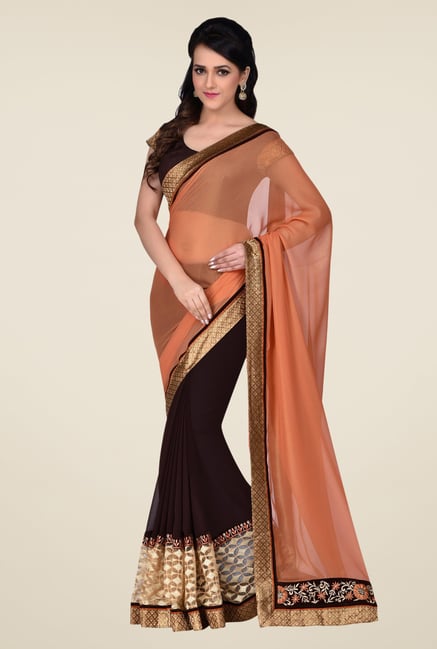 Shonaya Brown & Coral Georgette & Lycra Saree Shonaya Brown & Coral Georgette & Lycra Saree