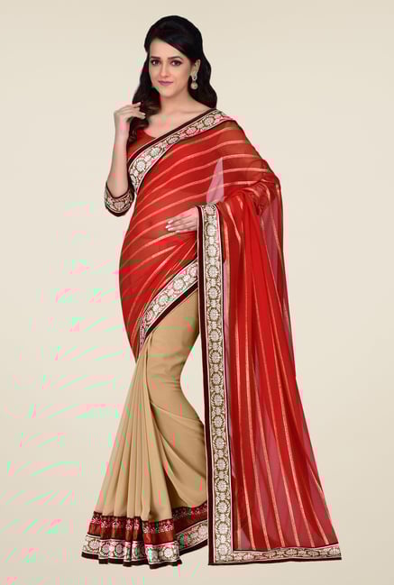Shonaya Beige & Red Georgette Solid Saree Shonaya Beige & Red Georgette Solid Saree