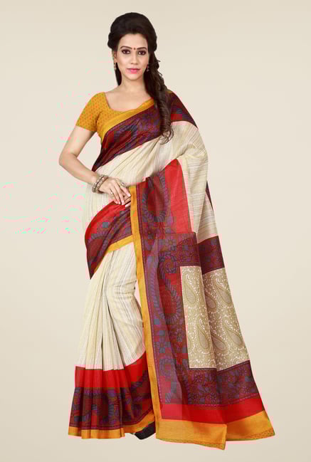 Shonaya Cream & Red Bhagalpuri Art Silk Saree Shonaya Cream & Red Bhagalpuri Art Silk Saree