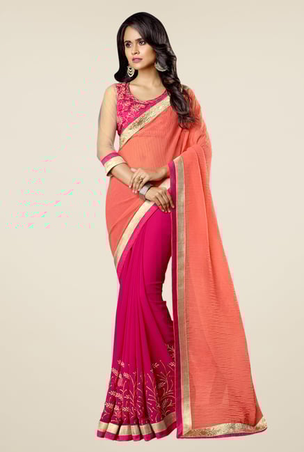 Triveni Magenta & Orange Embroidered Faux Georgette Saree Triveni Magenta & Orange Embroidered Faux Georgette Saree