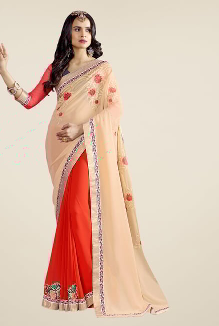 Triveni Orange Embroidered Faux Georgette Saree Triveni Orange Embroidered Faux Georgette Saree