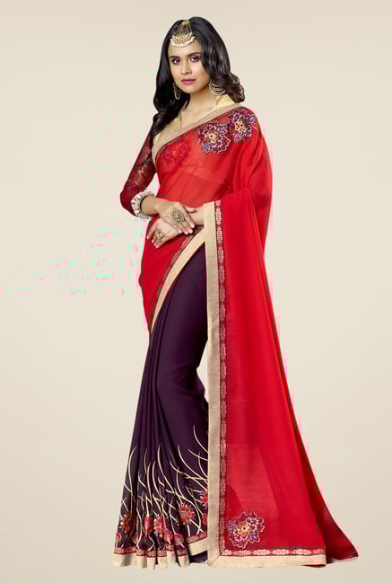 Triveni Red & Purple Embroidered Faux Georgette Saree Triveni Red & Purple Embroidered Faux Georgette Saree