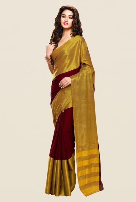 Shonaya Maroon & Gold Cotton Silk Printed Saree Shonaya Maroon & Gold Cotton Silk Printed Saree