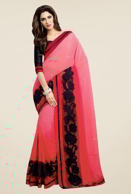Shonaya Pink & Black Georgette Padding Embroidered Saree Shonaya Pink & Black Georgette Padding Embroidered Saree
