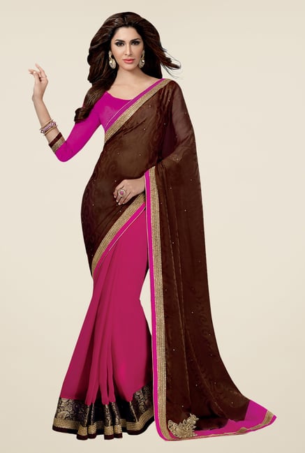 Shonaya Brown & Pink Georgette Printed Saree Shonaya Brown & Pink Georgette Printed Saree