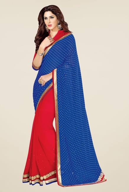 Shonaya Blue & Red Georgette Embellished Saree Shonaya Blue & Red Georgette Embellished Saree