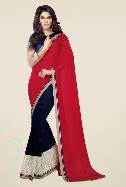 Shonaya Red & Navy Georgette Solid Saree Shonaya Red & Navy Georgette Solid Saree