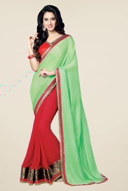 Shonaya Green & Red Faux Georgette Embroidered Saree Shonaya Green & Red Faux Georgette Embroidered Saree