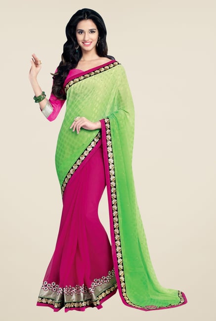 Shonaya Pink & Green Georgette Printed Saree Shonaya Pink & Green Georgette Printed Saree