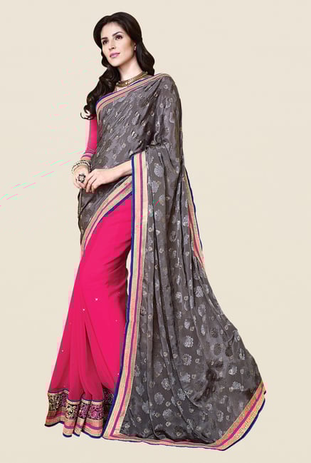 Shonaya Pink & Grey Faux Georgette Printed Saree Shonaya Pink & Grey Faux Georgette Printed Saree