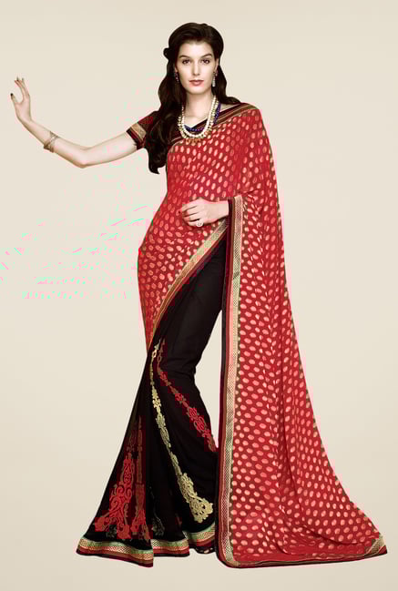 Shonaya Red & Brown Faux Georgette Printed Saree Shonaya Red & Brown Faux Georgette Printed Saree
