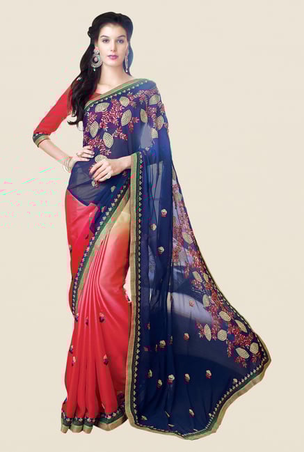 Shonaya Coral & Navy Satin Chiffon Embroidered Saree Shonaya Coral & Navy Satin Chiffon Embroidered Saree