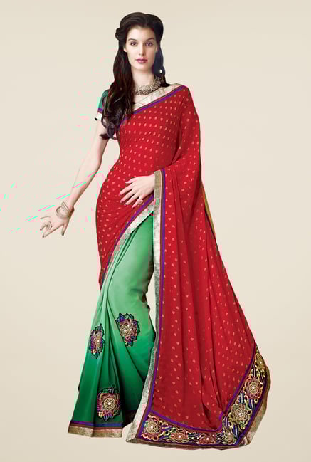 Shonaya Red & Green Faux Georgette Printed Saree Shonaya Red & Green Faux Georgette Printed Saree