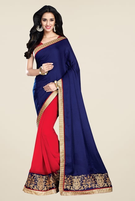 Shonaya Navy & Red Georgette & Jacquard Printed Saree Shonaya Navy & Red Georgette & Jacquard Printed Saree