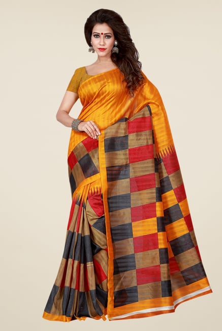 Shonaya Yellow & Beige Bhagalpuri Art Silk Checks Saree Shonaya Yellow & Beige Bhagalpuri Art Silk Checks Saree