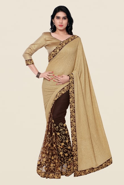 Shonaya Beige & Brown Knitted & Net Embroidered Saree Shonaya Beige & Brown Knitted & Net Embroidered Saree