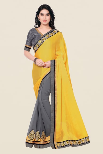 Shonaya Grey & Yellow Chinnon & Georgette Embroidered Saree Shonaya Grey & Yellow Chinnon & Georgette Embroidered Saree
