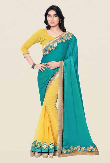 Shonaya Yellow & Turquoise Satin Chiffon & Georgette Saree Shonaya Yellow & Turquoise Satin Chiffon & Georgette Saree