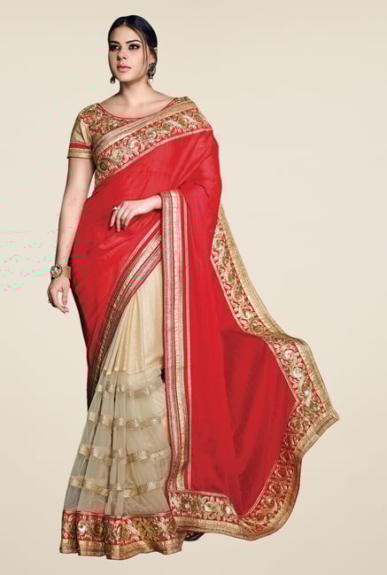 Shonaya Red & Off White Net Jute Cotton & Satin Saree Shonaya Red & Off White Net Jute Cotton & Satin Saree