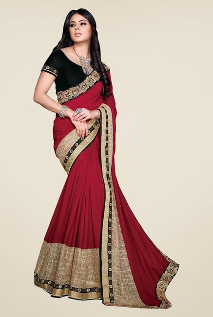 Shonaya Red & Beige Satin Georgette Embellished Saree Shonaya Red & Beige Satin Georgette Embellished Saree