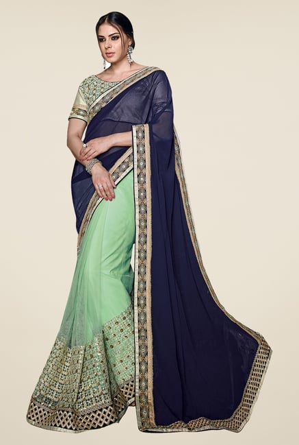 Shonaya Green & Blue Net & Georgette Embellished Saree Shonaya Green & Blue Net & Georgette Embellished Saree