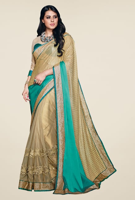 Shonaya Gold & Green Net Satin Georgette & Lycra Saree Shonaya Gold & Green Net Satin Georgette & Lycra Saree