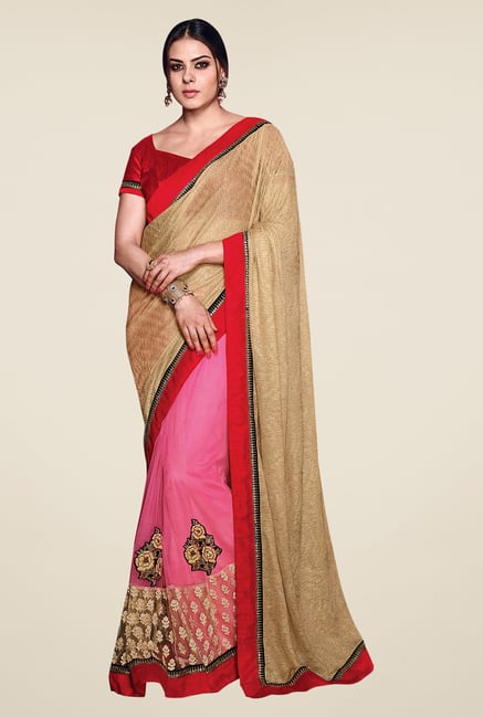 Shonaya Beige & Pink Net & Lycra Embroidered Saree Shonaya Beige & Pink Net & Lycra Embroidered Saree