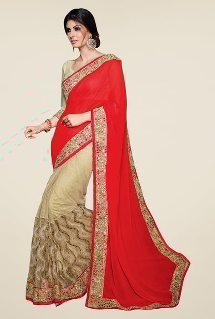 Shonaya Red & Beige Net & Georgette Embellished Saree Shonaya Red & Beige Net & Georgette Embellished Saree
