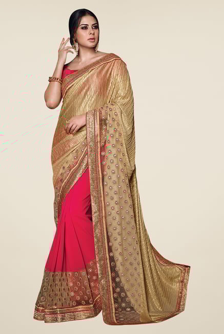 Shonaya Gold & Pink Georgette & Lycra Embroidered Saree Shonaya Gold & Pink Georgette & Lycra Embroidered Saree