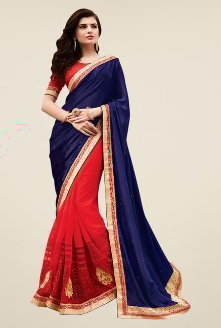 Shonaya Red & Navy Georgette Net & Satin Embroidered Saree Shonaya Red & Navy Georgette Net & Satin Embroidered Saree